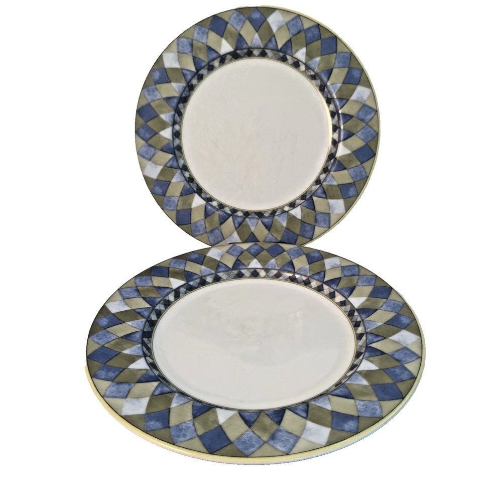 Royal Doulton Carmina Set Of 2 Plates Yellow Blue Rim 11" Dinner Vintage